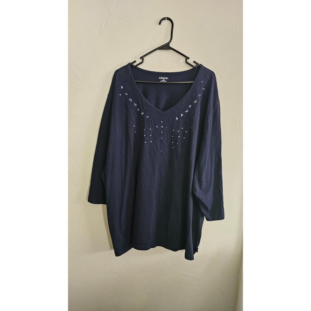 Liz & Me Navy Blue V-Neck Tunic Top 3/4 Sleeve Beaded Embellished Accent